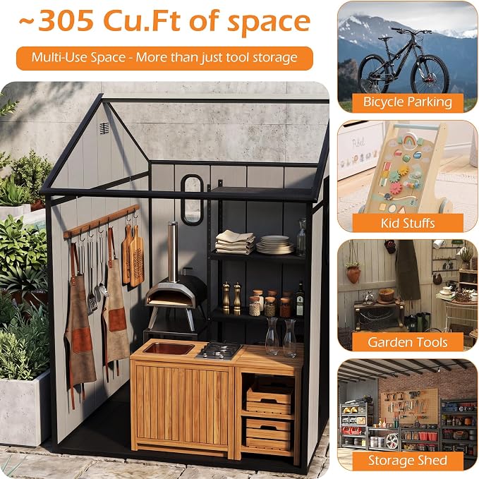Domi 8x6Ft Resin Outdoor Storage Shed with Floor, Plastic Garden Storage Shed, Outside Weatherproof Storage Building for Tools, Bike, Lawn Mower, Patio, Backyard - Image 8