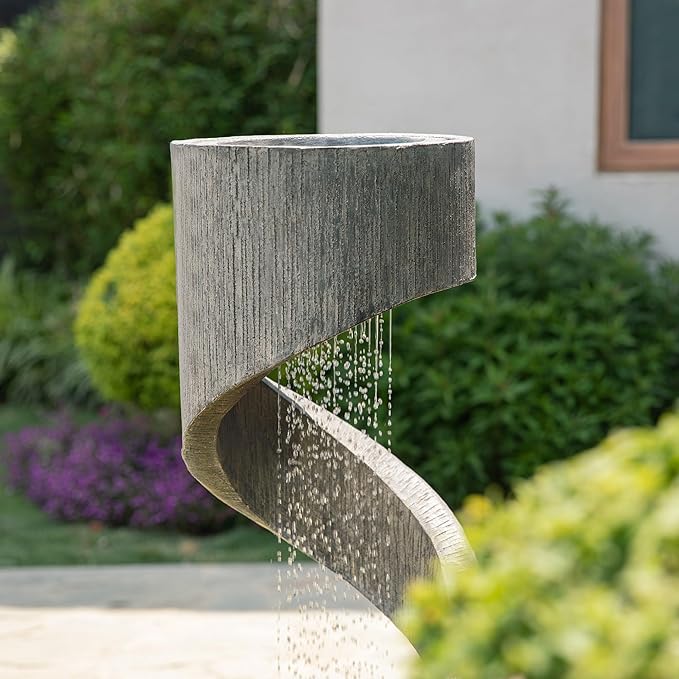 Glitzhome Outdoor Water Fountain with LED Light, Modern Spiral Tiered Outdoor Fountain with Stone Planter, Curved Freestanding Waterfall Fountains for Garden Patio Deck Porch, 40”H