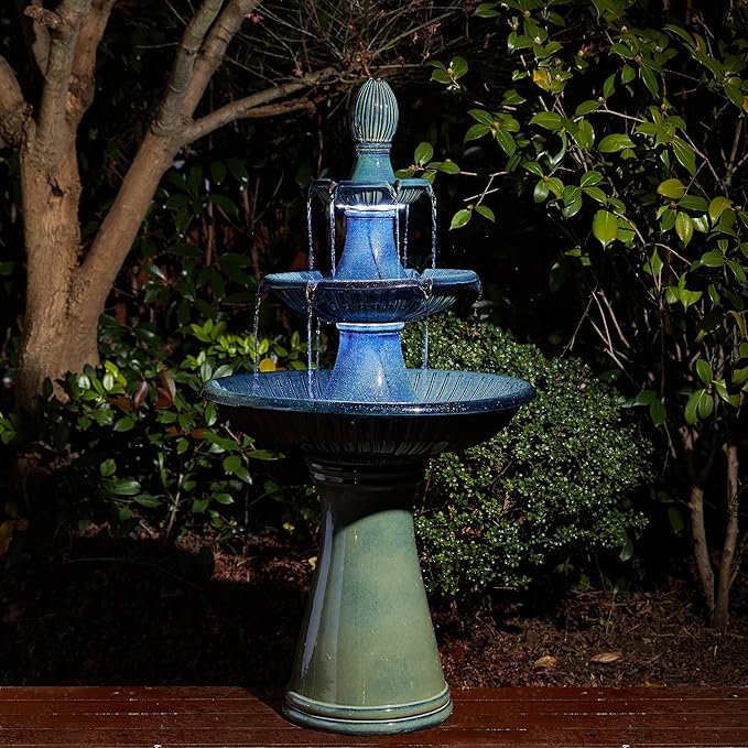 Glitzhome Water Fountain Outdoor Floor-Stand Fountain with LED Light & Pump, Oversized 3 Tier Ceramic Turquoise Waterfall Patio Fountains and Waterfalls Outdoor Yard Fountains for Lawn Garden Backyard