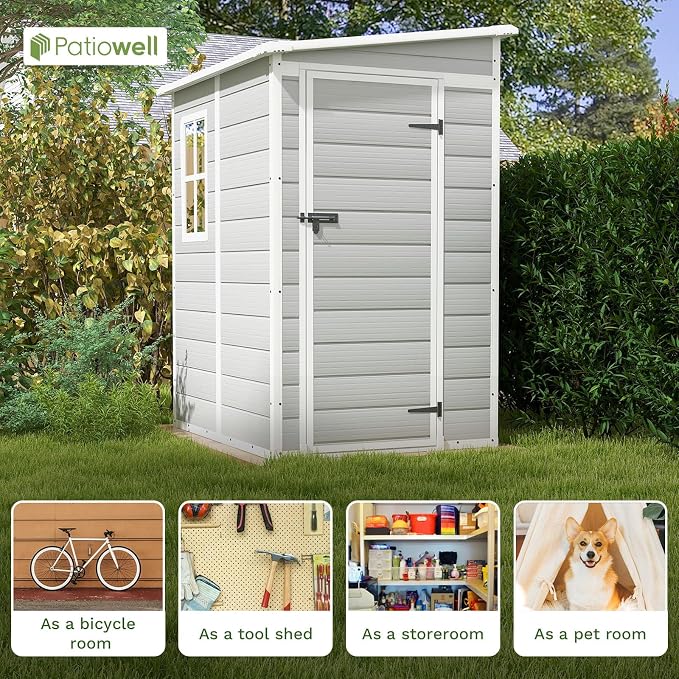 Patiowell 5x4 FT Outdoor Storage Shed with Floor, Resin Outside Storage Shed with Floor & Lockable & Window Door for Patio Furniture, Garden Tools and Bicycle, Light Gray - Image 7