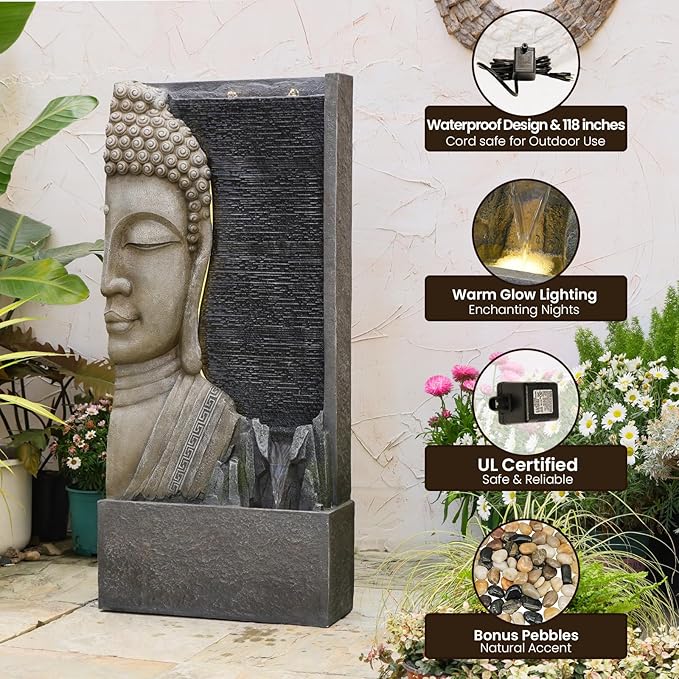 47.5" Buddha Water Fountain Outdoor with LED Lights, Large Zen Garden Waterfall Feature with Double Bubblers and Stream, Resin Statue for Patio, Yard, Porch, Meditation Decor