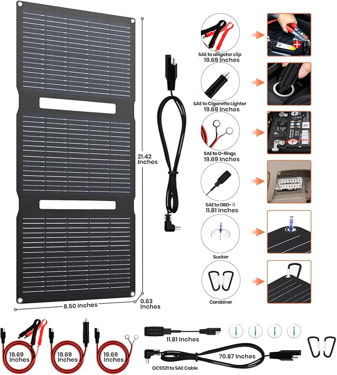 FlexSolar 15W Foldable Solar Panel Trickle Charger Maintainer Kits - 12V DC & USB Output with Built-in Controller Includes Cigarette Lighter, Alligator Clips, O-Rings,OBDII Connector for Car, Truck - Image 4