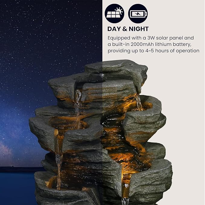 6-Tier Solar Water Fountain Outdoor, 24.4" H Cascading Rock Feature Garden Fountains and Waterfalls with Light, Pump, Solar Panel for The Patio, Deck, Porch, Backyard Home Décor, Stone Gray