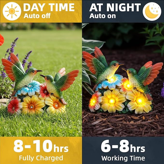 Solar Hummingbird Garden Statues 5.9" Resin Hummingbird Figurine Waterproof Bird Solar Lights Outdoor Yard Patio Decor Lawn Ornaments Unique Housewarming Birthday Gifts for Women Mom Grandma