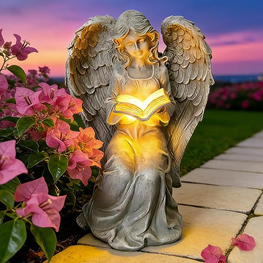 Solar Garden Outdoor Angel Statues with Book, Book Lovers Gifts for Balcony Patio Lawn Table Yard Ornaments, Solar Resin Fairy Waterproof LED Lights, Birthday Gifts for Women Mom Grandma