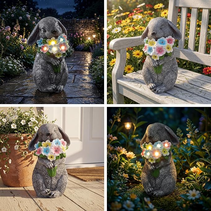 PETAFLOP Solar Powered Rabbit Garden Light, Easter Bunny Holding Flower with Warm White LED, Outdoor Decor for Yard, Pathway, Lawn, Patio, Balcony