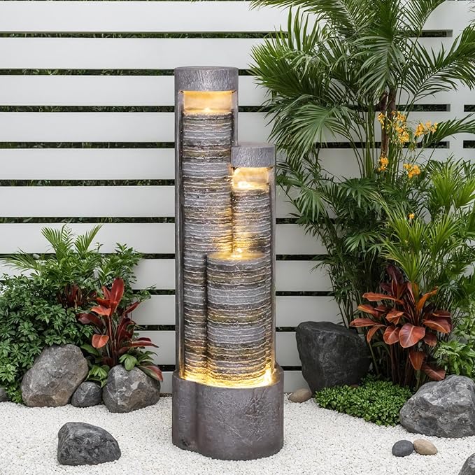 39.76" Tall Indoor Outdoor Water Fountain Modern Water Feature Stone-Textured Cascading Floor-Standing Fountains with Led Lights for Garden, Patio, Balcony, Yard, Office Home Art Decor