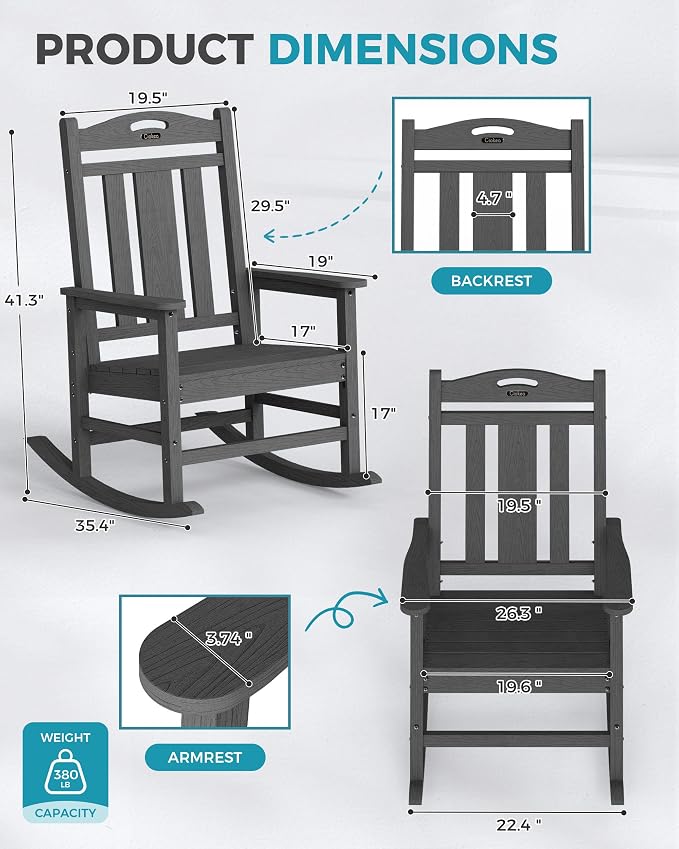 Ciokea Oversized Outdoor Rocking Chairs Set of 8, 380lbs Heavy-Duty Large Patio Rocker, High Back Cozy Porch Chairs, Weather Resistant Patio Rocking Chairs for Outside, Fire Pit, Deck, Dark Grey - Image 3