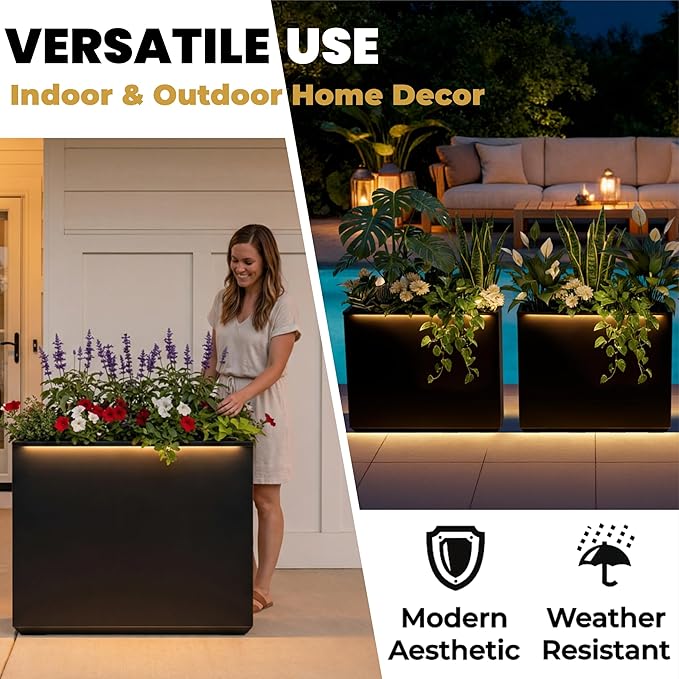 Wallowa Metallic Heavy Outdoor Planter Box with LED Light, Span Planter, Pure Black with Hand Brushed Gold Rim, Long and Tall Divider Planter, No Assembly and Seamless, 38”Lx10”Wx30”H Black