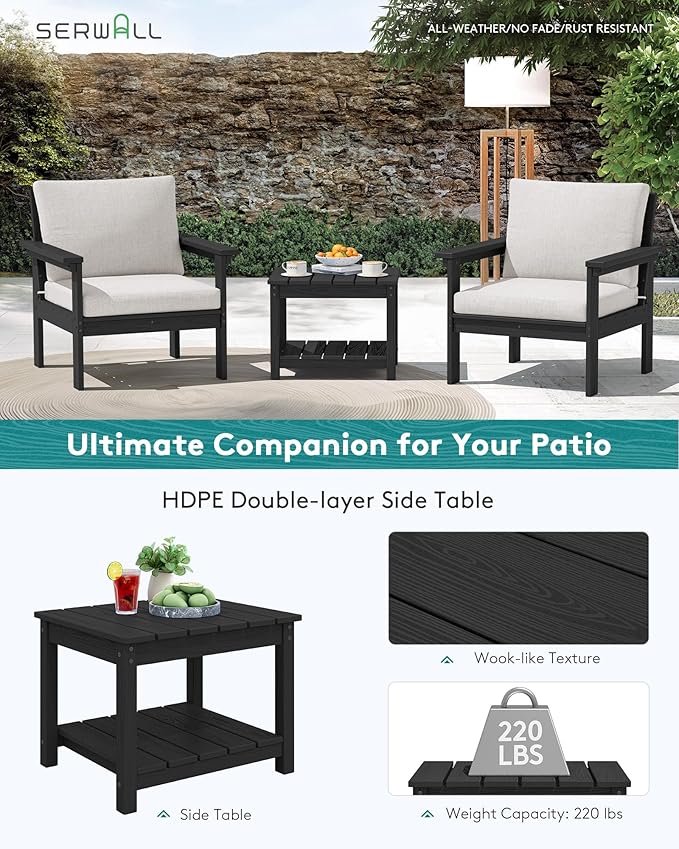 SERWALL HDPE Patio Sofa Set, 3-piece Sectional Outdoor Furniture Set, All Weather Outdoor Couch Set Patio Furniture Set for Deck, Lawn, Black Frame with Khaki Cushion