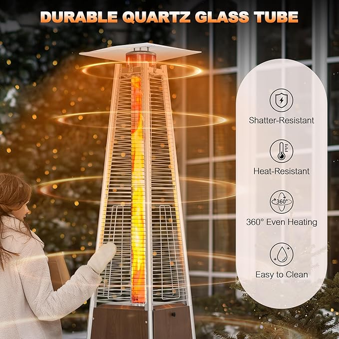 Nuu Garden Pyramid Propane Patio Heater 48,000 BTU with Wheels, Outdoor Glass Tube Heating Tower for Deck, Porch, Camping, Backyard, Stainless Steel Burner, Wood-Grain Finish