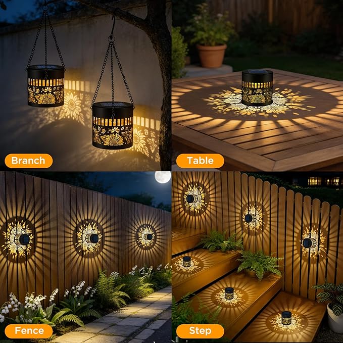 Forlivese 4 Pack Solar Lanterns Outdoor Waterproof, Sunflower Butterfly Garden Decor Gifts for Women Mom Grandma, Hanging Solar Fence Lights Metal Decoration Outside for Yard, Patio, Backyard, Porch