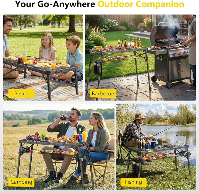 Raynesys Tri-fold Camping Table, 35.43"x15.75", Aluminum Frame Folding Tables, 3 Heights Adjustable Grill Table with Storage Bag, Portable Handle for Picnic Cooking BBQ Camping Outdoor, Black - Image 7