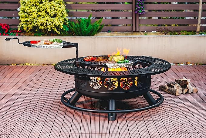 Verdeluxe 42 Inch BBQ Fire Pit with 2 Grills,3-in-1 Outdoor Round Metal Fire Pit Table with Lid,Fire Poker,Large Outdoor Wood Burning Firepits for Outside,Picnic,Bonfire Backyard Patio(Black) - Image 7