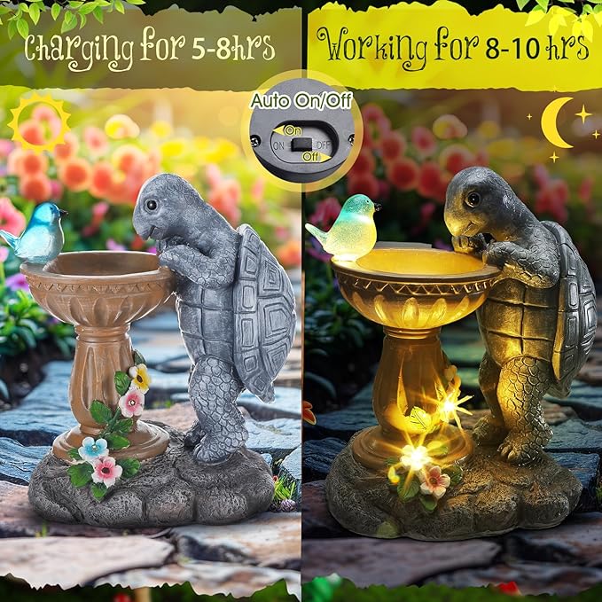 Turtle Birdbath Outdoor Garden Decor 10.25 Inch Solar Bird Turtle Statues Ornaments with Succulent and Solar LED Lights for Outside Decorations Yard Art Lawn Porch Patio Housewarming Gifts