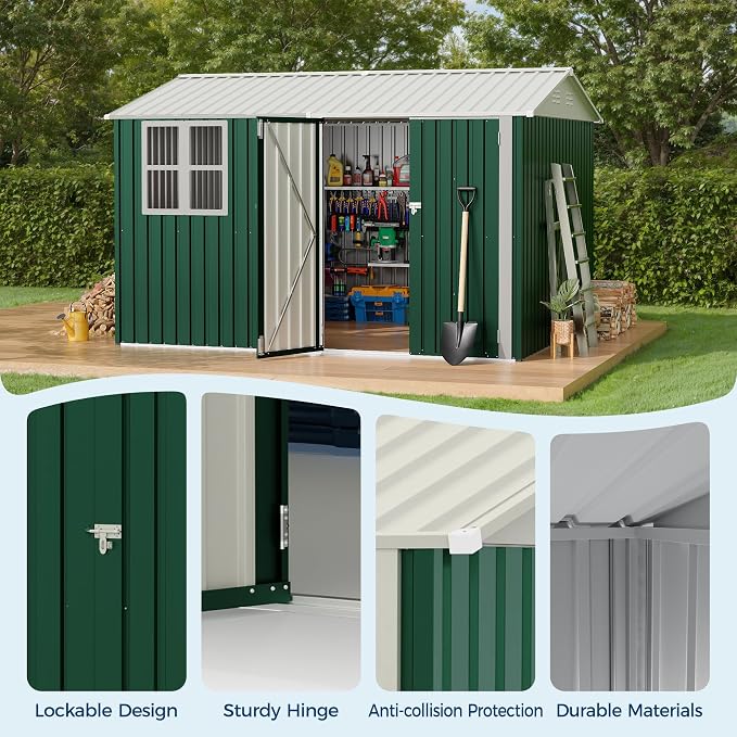 10x8 FT Outdoor Storage Shed, 450 Cu Ft Weather Resistant Garden Shed with Gable Roof & Grid Window, Multi-Use Shed for Bikes, Lawn Mowers, Patio Supplies & Pet Shelter - Image 4