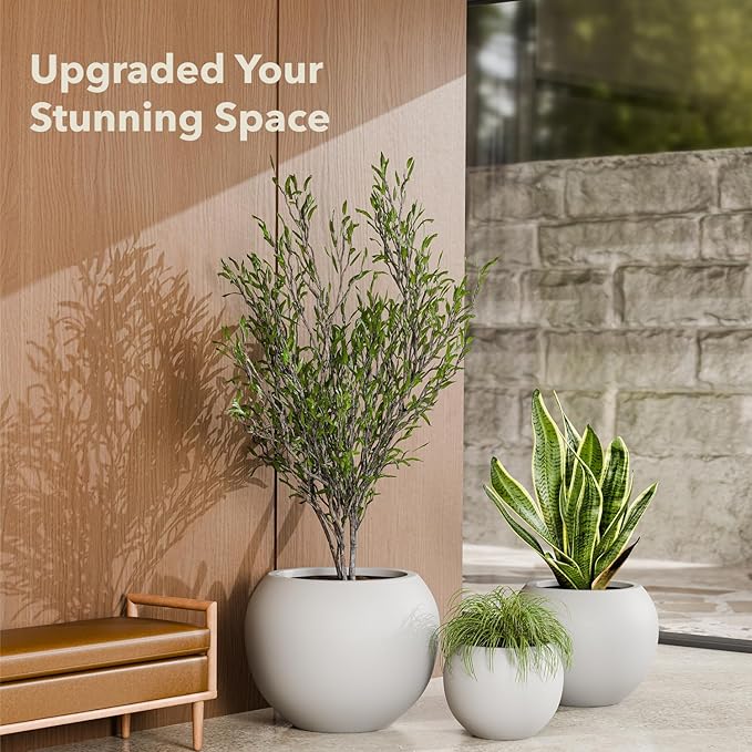 12.8" H x 16" D Premium Globo Fiberstone Round Planter - Smooth Finishes, Weather Resistant for Indoor & Outdoor Use, Included 2 Extra Coco Mats (Light Gray, 10.7" Pot Opening)