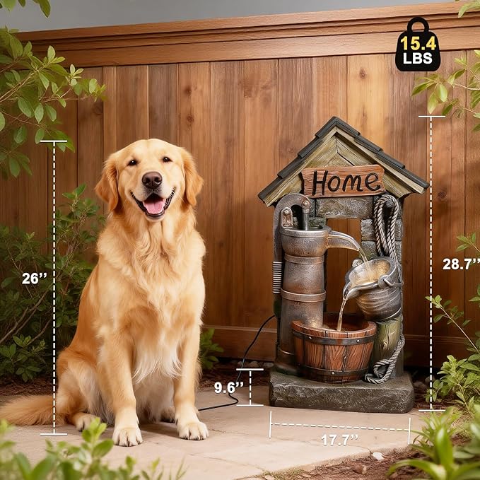 Vintage Country Style Wall-Mounted and Freestanding Outdoor Fountain, 28.7 H Resin Garden Water Feature with Water Well and Wine Barrel for Gardens, Landscaping, Patios, Balconies, Lawns