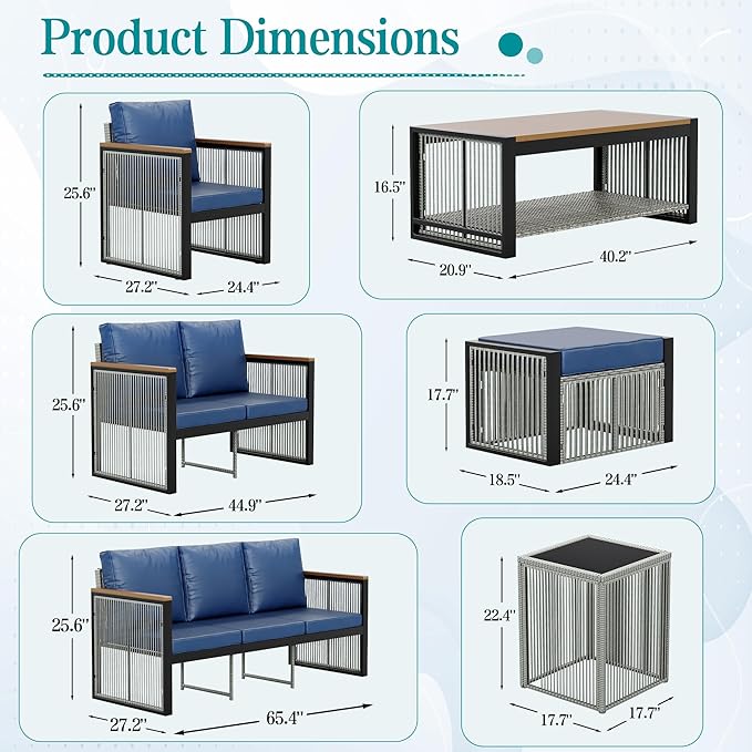 HOMREST 7 Piece Outdoor Sectional Patio Conversation Set,5 Seats Metal Outdoor Patio Furniture Set, All Weather Outdoor Couch Set with 2 Ottoman,3-Seats Sofa,Love Seat,Side Table for Deck, Lawn(Blue)