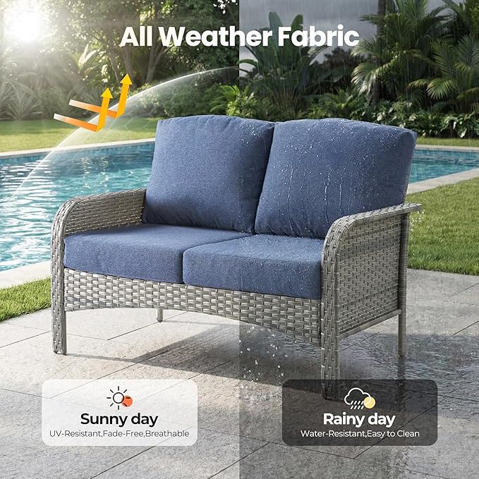 Weaxty 8 Pieces Outdoor Patio Furniture Sets with Swivel Rocking Patio Chairs and Loveseat Sofa,Coffee Table,All Weather Wicker Conversation Set for Deck Backyard Porch Poolside, Denim Blue