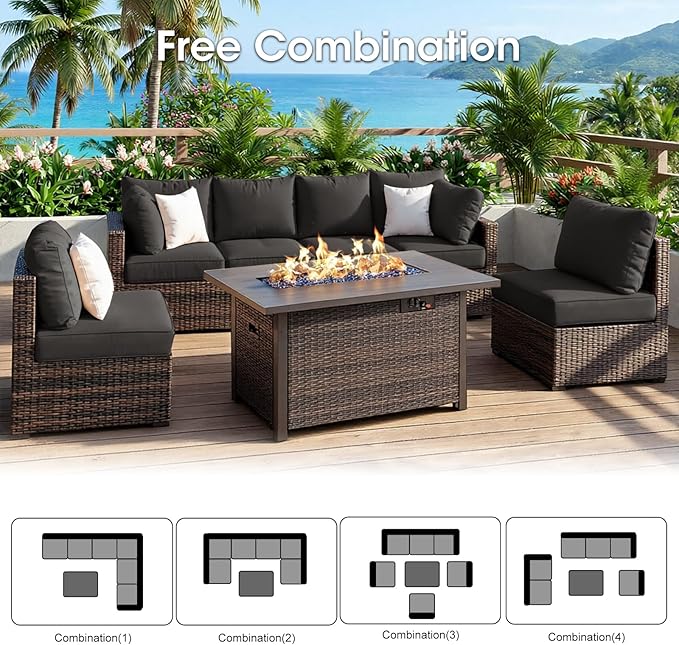 Grezone 7 Piece Patio Furniture Set with 44" Fire Pit Table, Outdoor Sectional Couch, PE Rattan Patio Conversation Sets with 4inch Cushions for Backyard Black (BK)