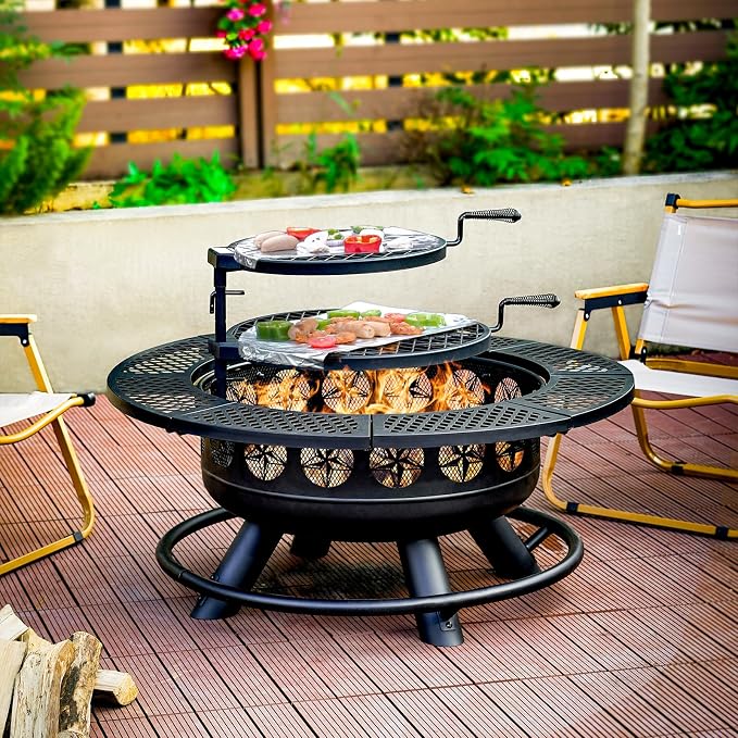 36 Inch Fire Pit with 2 Cooking Grills,Outdoor Wood Burning BBQ Firepit with Lid, 3-in-1 Outdoor Fire Pit for Backyard Deck Bonfire Patio Picnic(Black) - Image 5