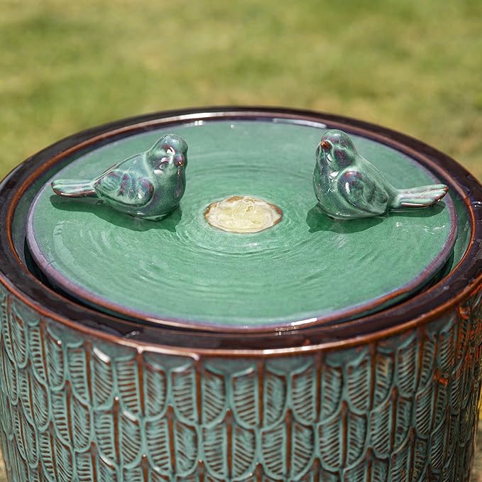 Glitzhome 14.75”H Outdoor Ceramic Water Fountain with LED Light and Pump, Embossed Leaf Pattern Floor Standing Bird Bath Fountain with Two Birds Decor for Patio Porch Deck Backyard, Turquoise