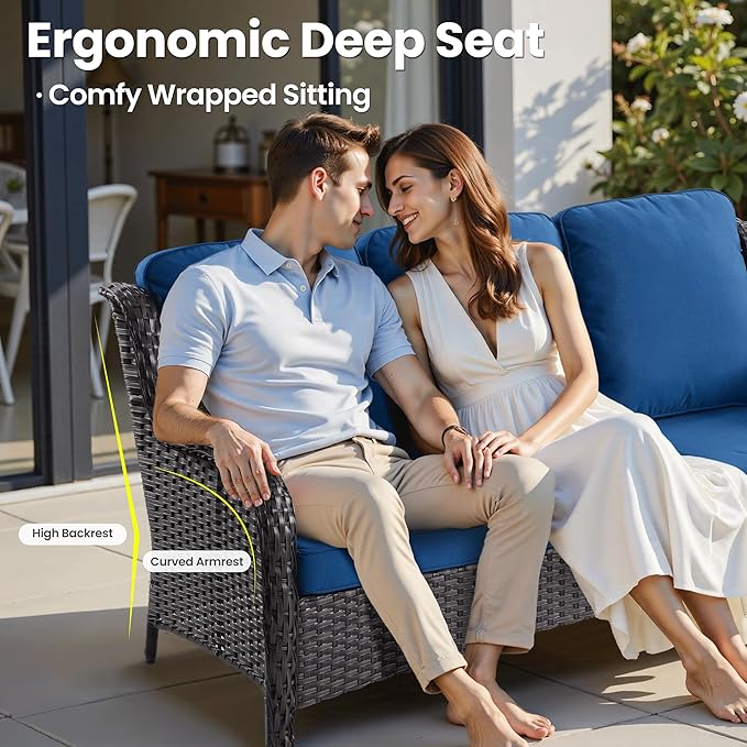 ovios 8-Piece Patio Furniture Set with Swivel Chairs Coffee Table, Outdoor Wicker Sofa with 42" Fire Pit Table, High Back Couch Modern Conversation Sets, Brown/Navy Blue