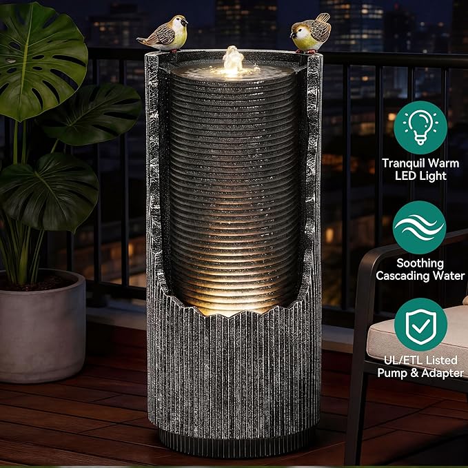 32" Rustic Cracked Jar Water Fountain Outdoor with LED Lights, Polyresin Freestanding Waterfall Feature, Tranquil Oasis for Garden, Patio, Yard, or Porch