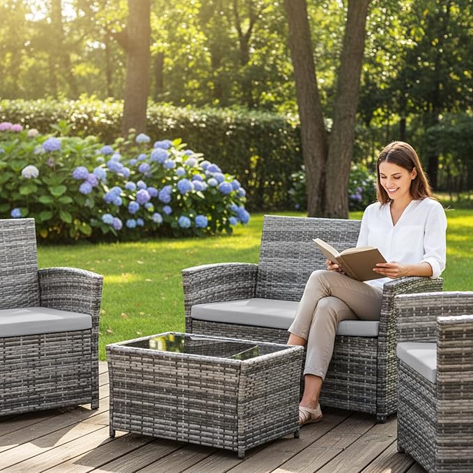 FHFO 4 Piece Outdoor Patio Furniture Sets, Wicker Sectional Conversation Sofa Set, Rattan Table and Chairs and Loveseat with Cushions for Outside Balcony Porch Backyard (Gray-Gray)