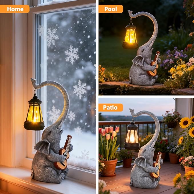 Solar Garden Decor Elephant Statue Lights, Outdoor Shatter-Resistant Resin Garden Statue Decoration for Yard Lawn Home, Unique Birthday and Housewarming Elephant Gifts for Women Mom