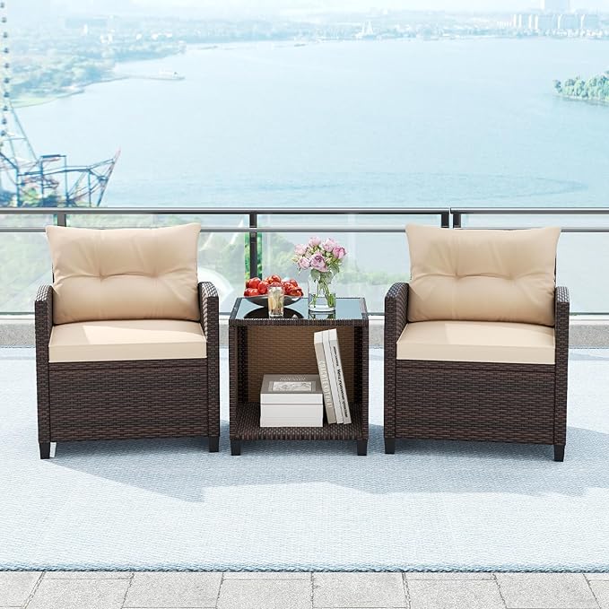 KOTEK 3 Piece Patio Furniture Set, Outdoor Conversation Set with Washable Cushions & Storage Table, PE Rattan Wicker Bistro Set for Porch, Backyard, Balcony (Beige)