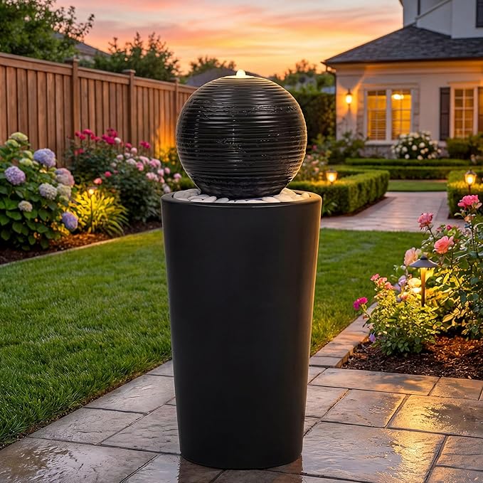30" H Ceramic Sphere Water Fountain with LED Light, Modern Minimalist Design, Black Glaze with White Pebbles, Soothing Trickling Water Feature, Adding Artistic Charm & Tranquil Ambiance