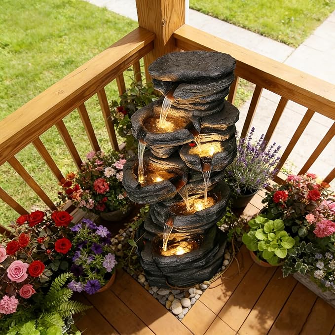 42.5" H Garden Outdoor Water Fountain with LED Lights & Pump, Mutiply-Tier Cascading Outdoor Fountain for Garden,Patio,Porch,Backyard,Home Art Decor