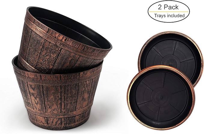 Large Whiskey Barrels Set of 2 Rustic Look (2 planters + 2 Matching Saucers) French Country Style Flowerpot Indoor Outdoor Garden Patio Office Home Decor Use Reusable Light Weight (Copper)