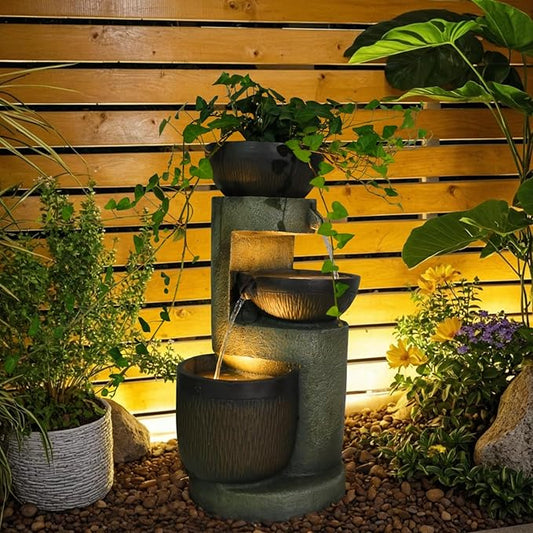 3-Tier Natural Bowl Cascading Garden Water Fountain with LED Lights - Water Fountain Outdoor Indoor Decor for Garden, Patio, Deck, Porch and Office Living Room Home Art Decor 10"x9"x20"