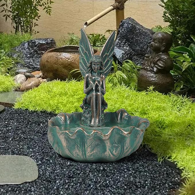 ZMG 14" Angel Fairy Outdoor Water Fall Fountain, Durable Resin Garden Fountain for Home Decor, Office, Gardens, Landscaping, Patios, Balconies, Bronze, Gift Ideas