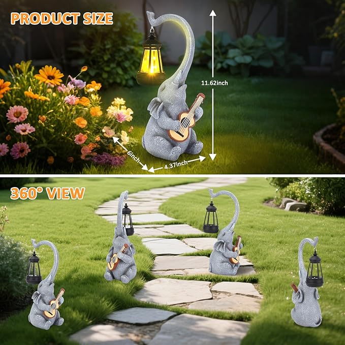 Solar Garden Decor Elephant Statue Lights, Outdoor Shatter-Resistant Resin Garden Statue Decoration for Yard Lawn Home, Unique Birthday and Housewarming Elephant Gifts for Women Mom