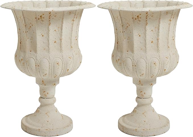 Worth Garden 25" H. Metal Urn Planters 2-Pack - White Classic Antique Iron Plant Pots - Large Decorative Rustic Flower Pots for Outdoor Use - Traditional Urn Planter for Patio, Front Porch