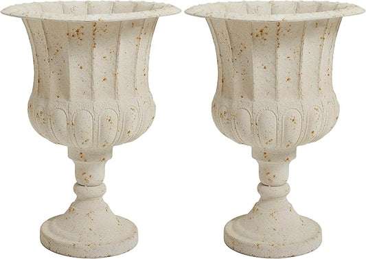 Worth Garden 25" H. Metal Urn Planters 2-Pack - White Classic Antique Iron Plant Pots - Large Decorative Rustic Flower Pots for Outdoor Use - Traditional Urn Planter for Patio, Front Porch