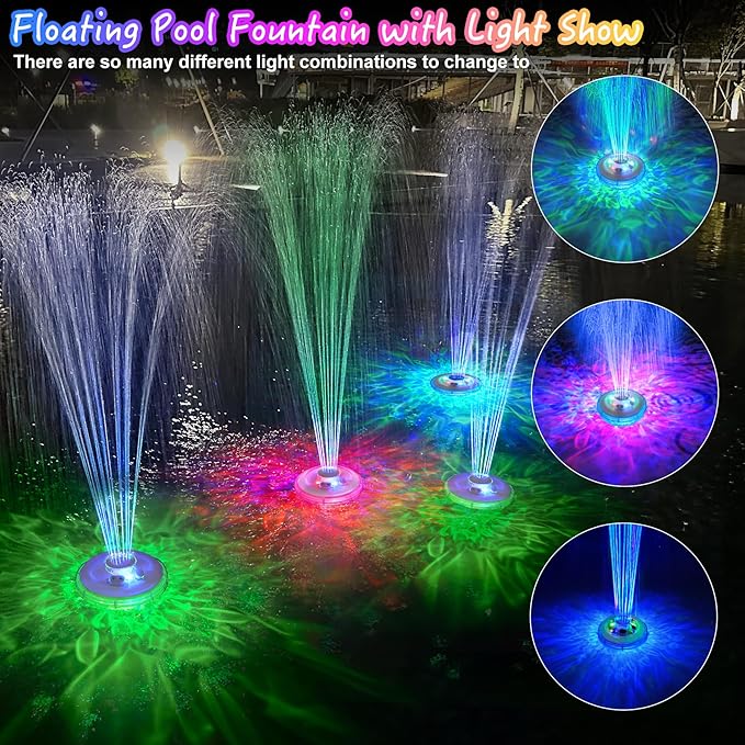 Floating Water Fountain with Underwater Lights, Powered Pump Outdoor, 2 Modes Sprinkler Waterfall Fountain for Inground Above Ground Pool, Pond-White-1PC