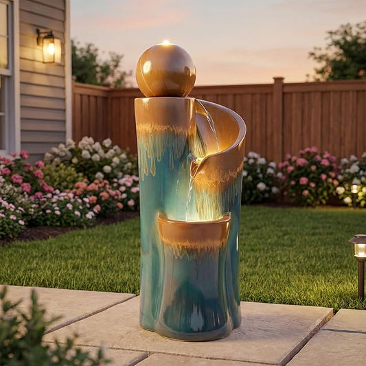 32" H Ceramic Outdoor Water Fountain with LED Lights, 3-Tier Cascading Sphere Water Feature, Tranquil Waterfall for Relaxing Garden, Patio, Yard, or Porch, Teal & Copper Drip-Glaze Finish