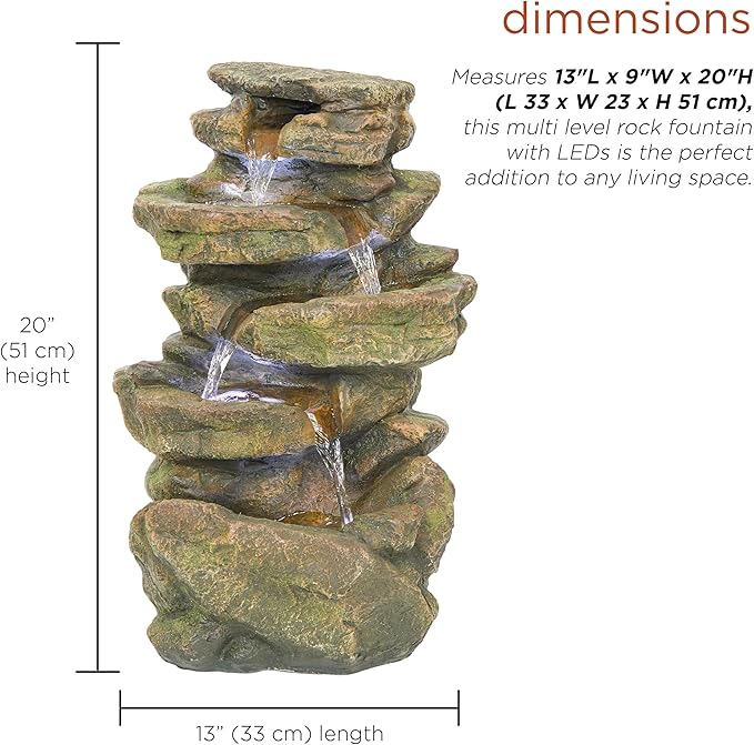 Alpine Corporation 20" H Outdoor Multi-Level Rock Floor Fountain with LED Lights, Brown