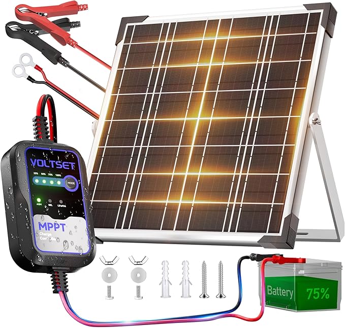 Voltset Solar Panel Kit 20W 12V with MPPT Controller, Solar Battery Trickle Charger Maintainer, Waterproof Solar Panel with Adjustable Mount Bracket for Boat RV Motorcycle Marine by Voltset