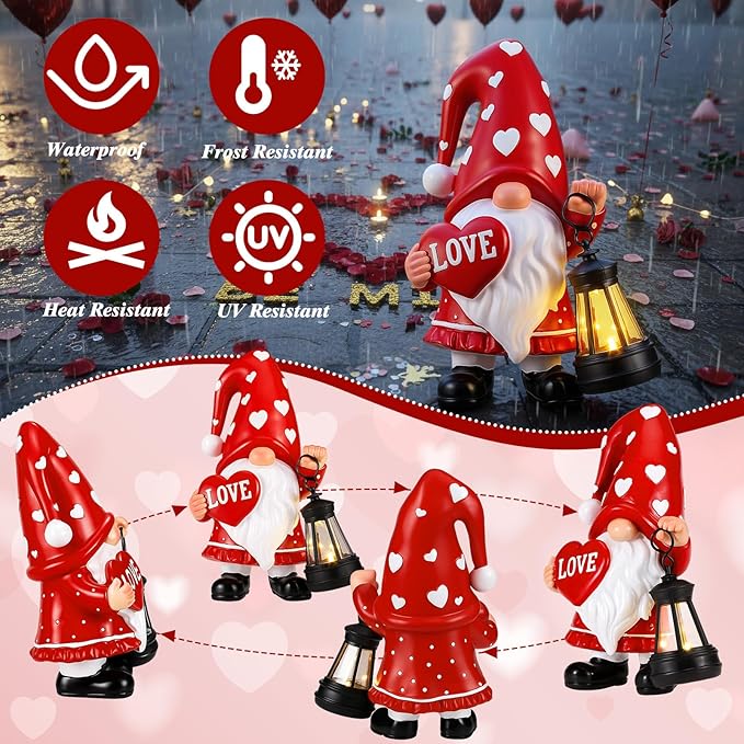 Retisee Solar Valentine's Day Garden Statue Resin Gnome Statue with Hearts LED Lights Outdoor Love Solar Light Figurine Decoration for Yard Patio Lawn Gift for Valentine's Day Anniversary