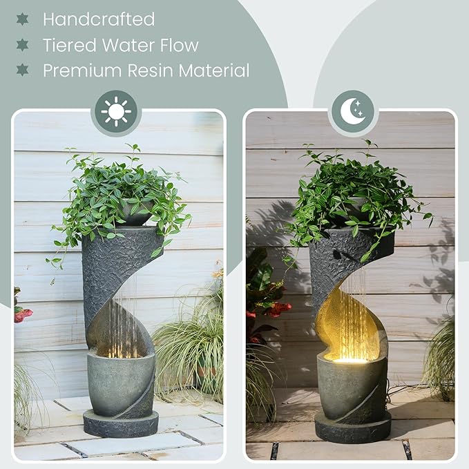 Tiered Outdoor Water Fountain, Modern Spiral Cascading Waterfall Fountain with Planter, Freestanding Resin Indoor Water Feature for Room, Garden, Patio, Deck, 31.5"H with Light Stone-Texture