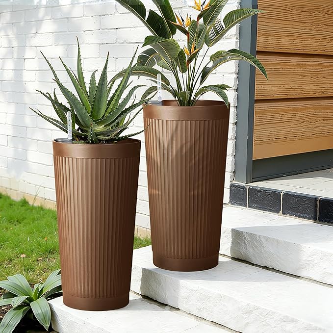 Set of 2 Self-Watering 24in Plastic Round Planters with Vertical Stripe Design – Indoor Outdoor Flower Pots for Plants, Herbs, Small Trees