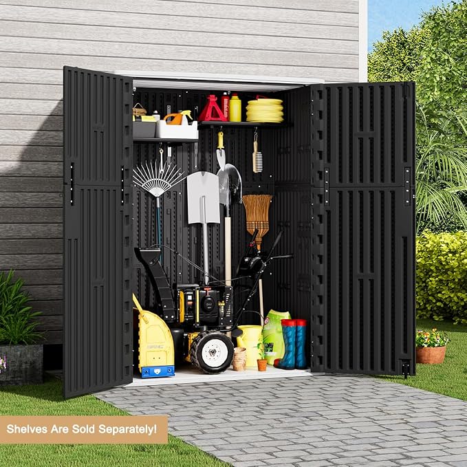 KINYING Outdoor Storage Cabinet Waterproof, 57 Cu.ft Resin Vertical Outdoor Storage Shed for Patio Furniture, Garden Tools, Pool Accessories, Mower Storage (Black) - Image 5
