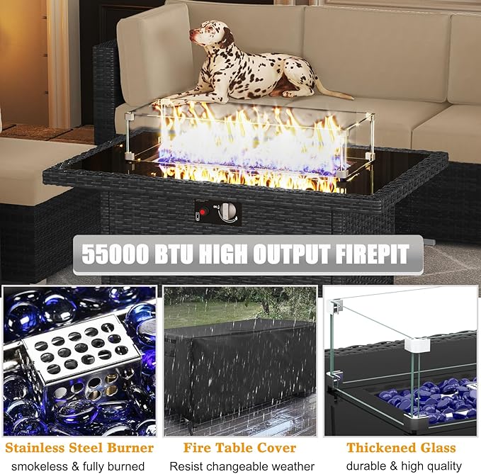 LayinSun 15 Piece Patio Furniture Set with Fire Pit Table, Outdoor Conversation Sets Wicker Rattan Sectional Sofa with Coffee Table