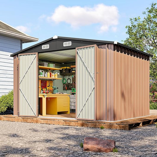 10x8 FT Outdoor Storage Shed, Utility Steel Tool Shed with Lockable Door and Air Vents, Galvanized Metal Shed for Garden Backyard Patio Lawn (10'x8', Brown) by Breezestival